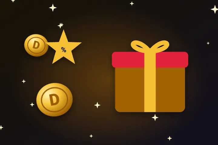 Deloro casino promo code – prezent ze złotą kokardą, monety i gwiazda z procentem